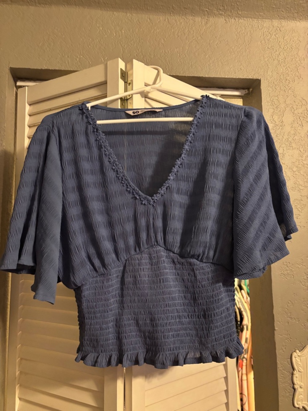 SO Chambray Blue V-Neck Smocked Peplum Flutter Sleeve Top